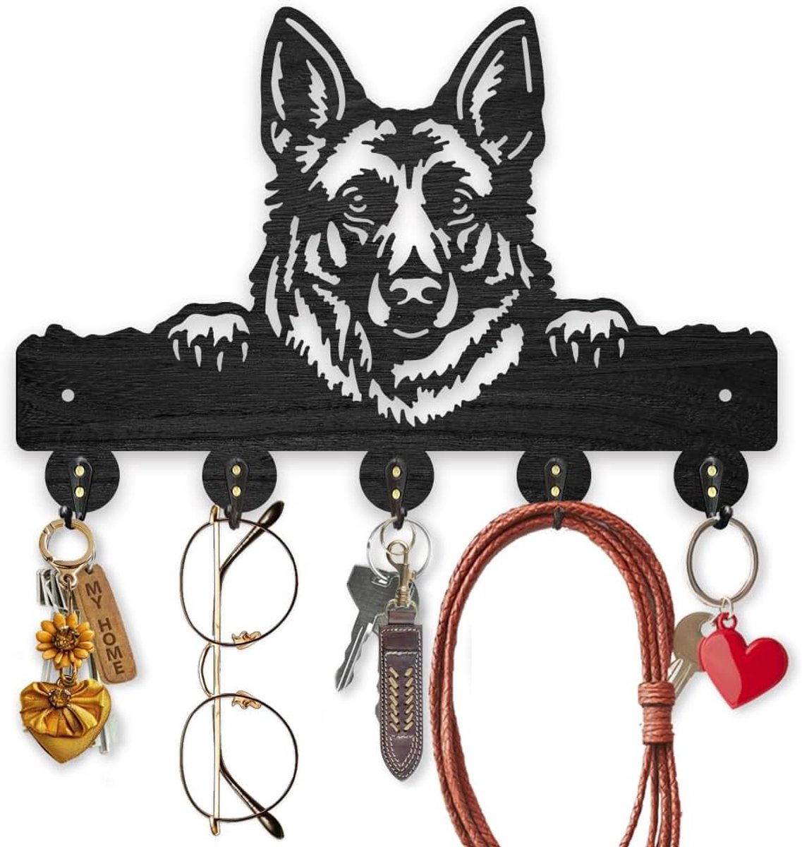 SnelShoppen - Houten Sleutelhanger voor Wand met Duitse Herdershond 30x20cm - Hangrek voor Sleutels en Kleding - 5 Alluminium Haken voor Entree, Keuke
