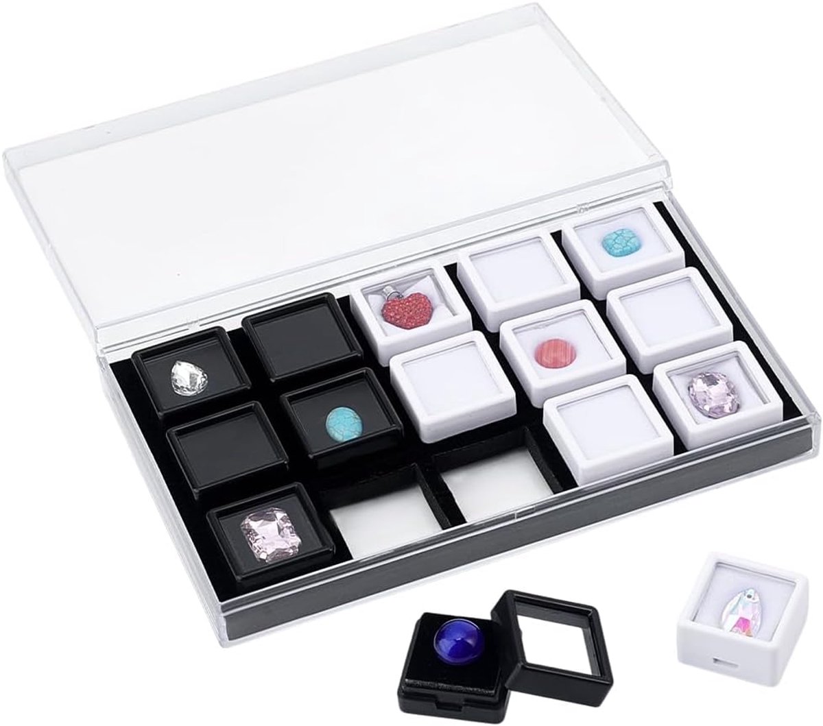 SnelShoppen - 15 Grids Gemstone Display Box - Edelsteen Display Tray - Organisator voor Mini Edelstenen - Sieraden Box met Deksel - Perfect voor Verza