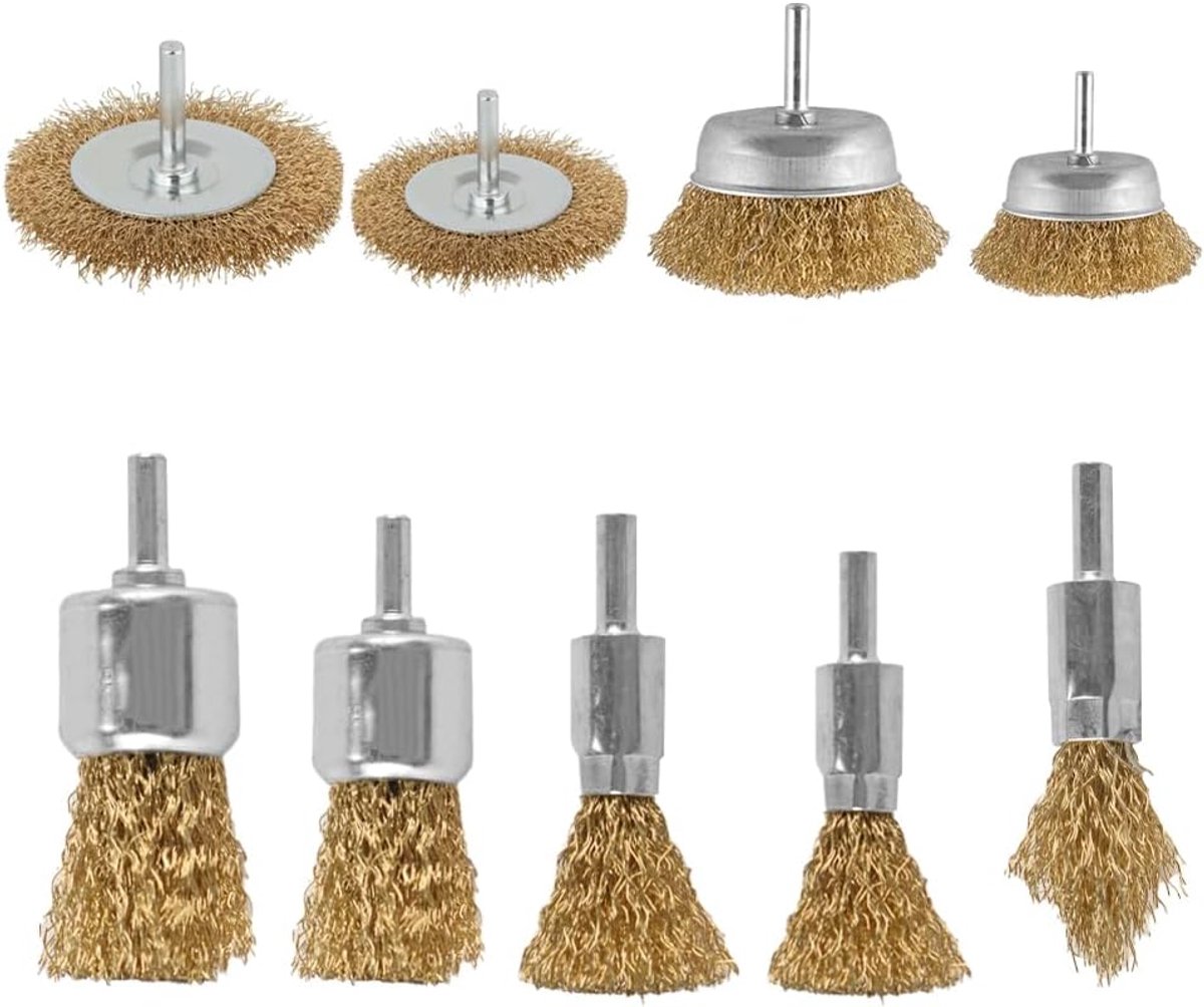 SnelShoppen - 9-delige boordraadborstelset voor roestverwijdering, anti-corrosieverfverwijdering, 1/4 inch schachtdraadborstels, geschikt voor metaal,