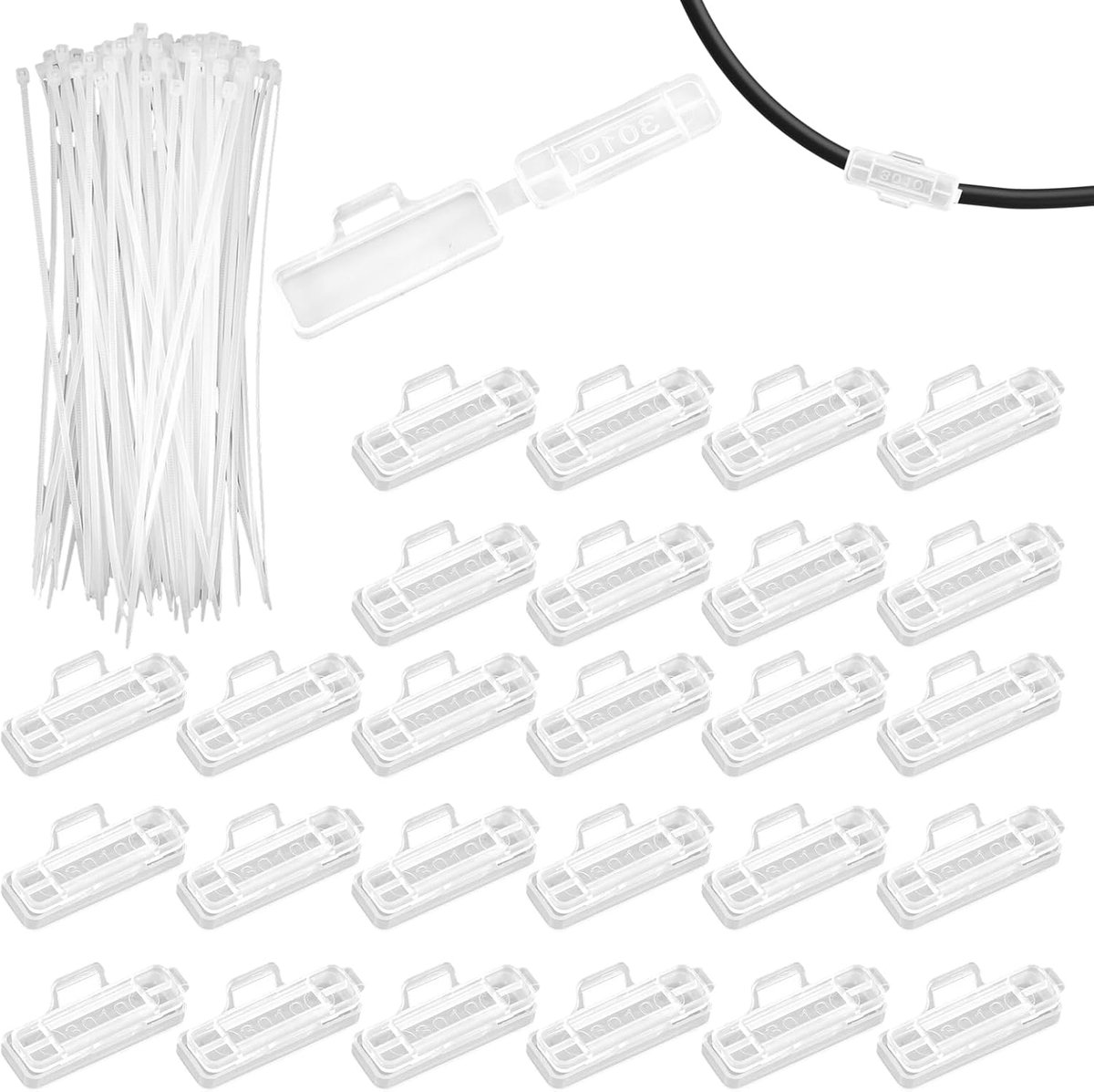 SnelShoppen - 100 Stuks Transparante Kabeletiketten 30×10mm Waterdicht Herbruikbaar met 100 Transparante Kabelbinders - Plastieken Kabelmarkers voor M