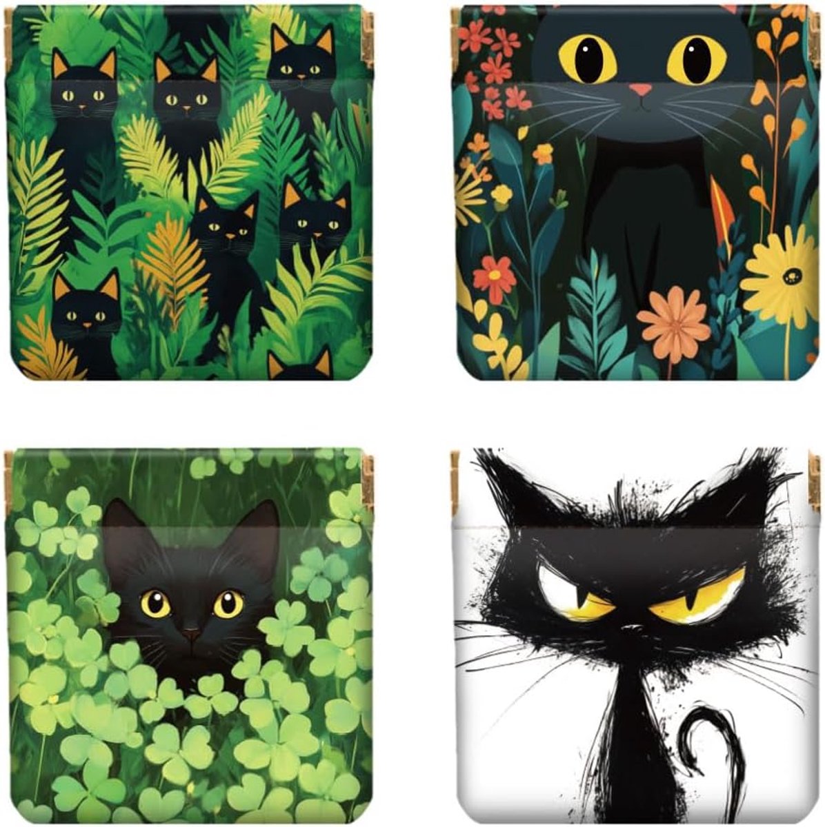 SnelShoppen - 4 Stuks Knijp Muntportemonnee, Katten en Planten, 11cm x 12cm, Unieke Ontwerpen voor Dagelijks Gebruik, Leuk Cadeau voor Dierenliefhebbe
