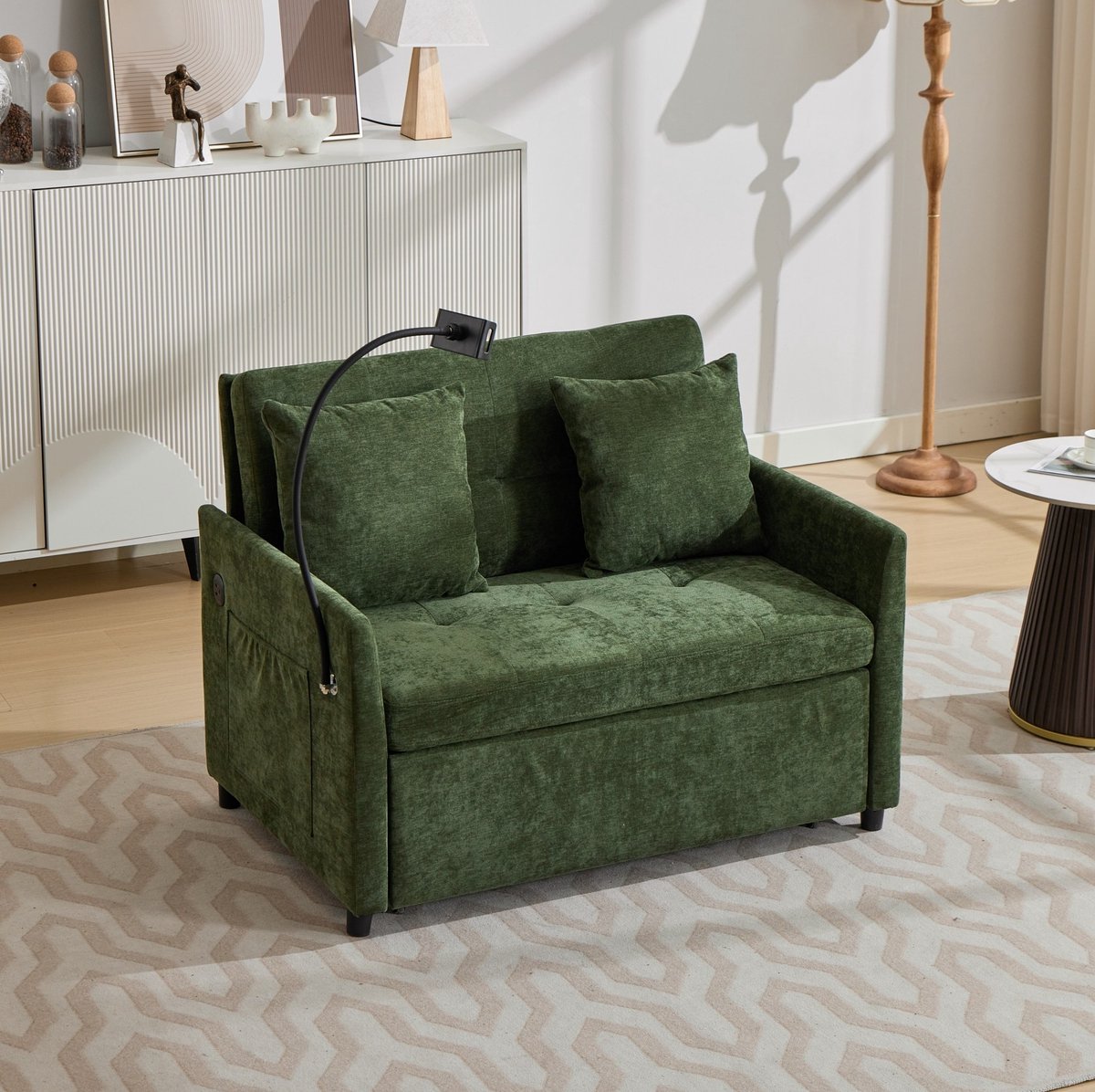 MEUNIQ 1-zits slaapbank 109 cm groen met USB-oplaadpoort, tablet houder en uitklapfunctie voor woonkamer, kantoor of studio