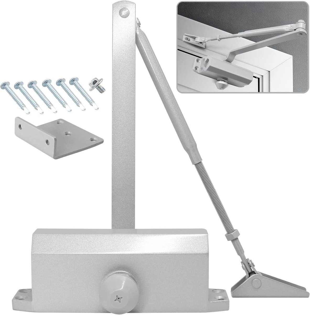 Automatische hydraulische deurdranger met aanslag, verstelbare veer en sluitdemper, geschikt voor commercieel en residentieel gebruik, voor deuren met een draagvermogen van 45-65 kg (zilver).Geschikt voor deurbreedtes tot 1000 mm.