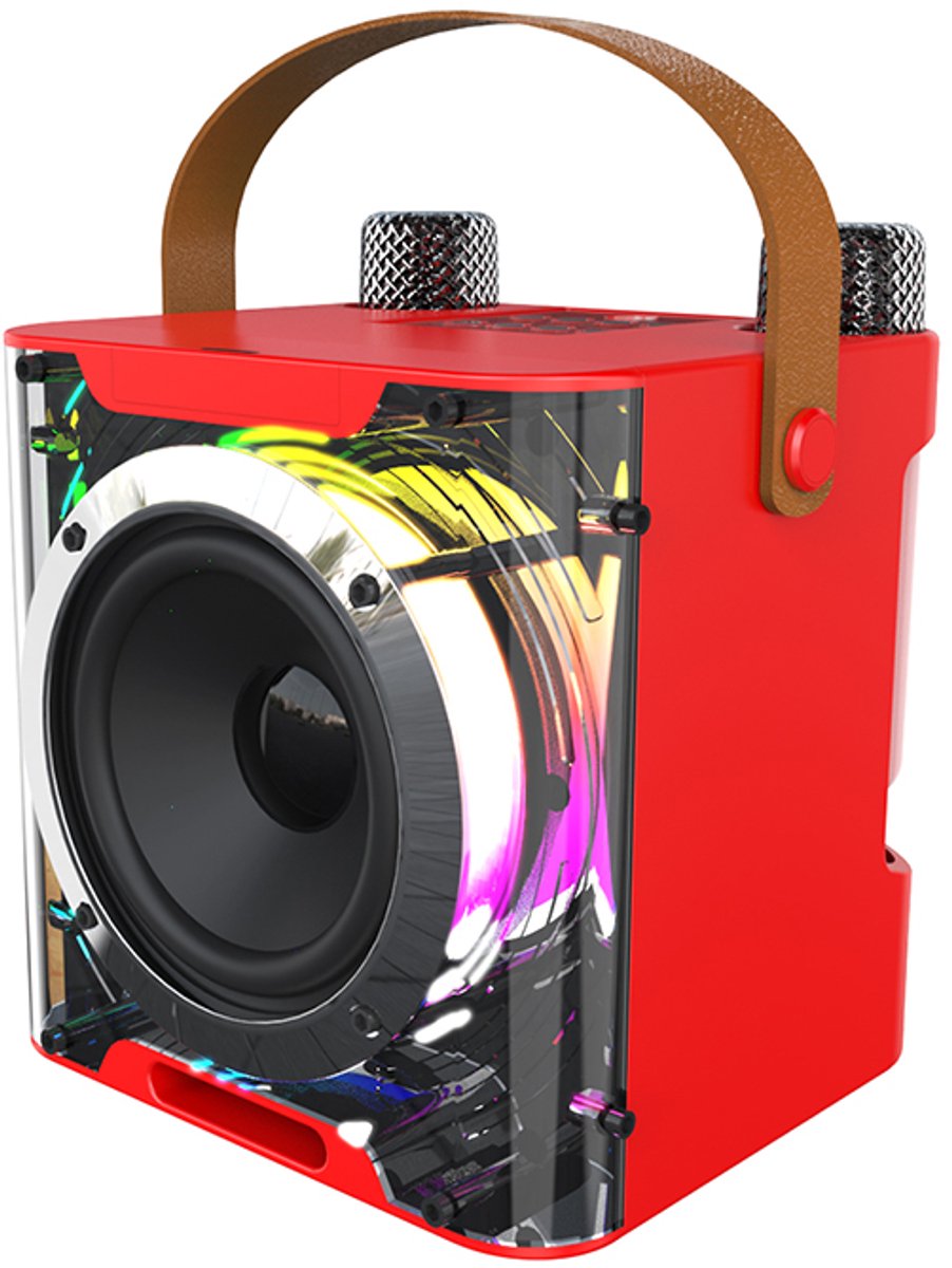 CrystalBeam Karaoke Speaker met 2 Draadloze Microfoons – Bluetooth 5.3 – RGB Verlichting – Rood – 829