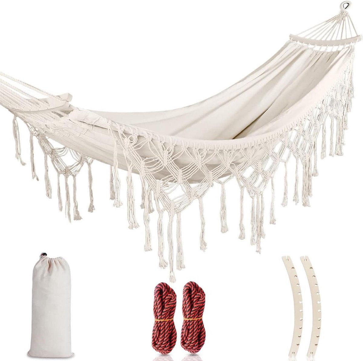 Tuin Hangmat - Lounge Hangmat - Buiten Ontspannen - Met Decoratieve Franjes - Max 225 kg - Wit