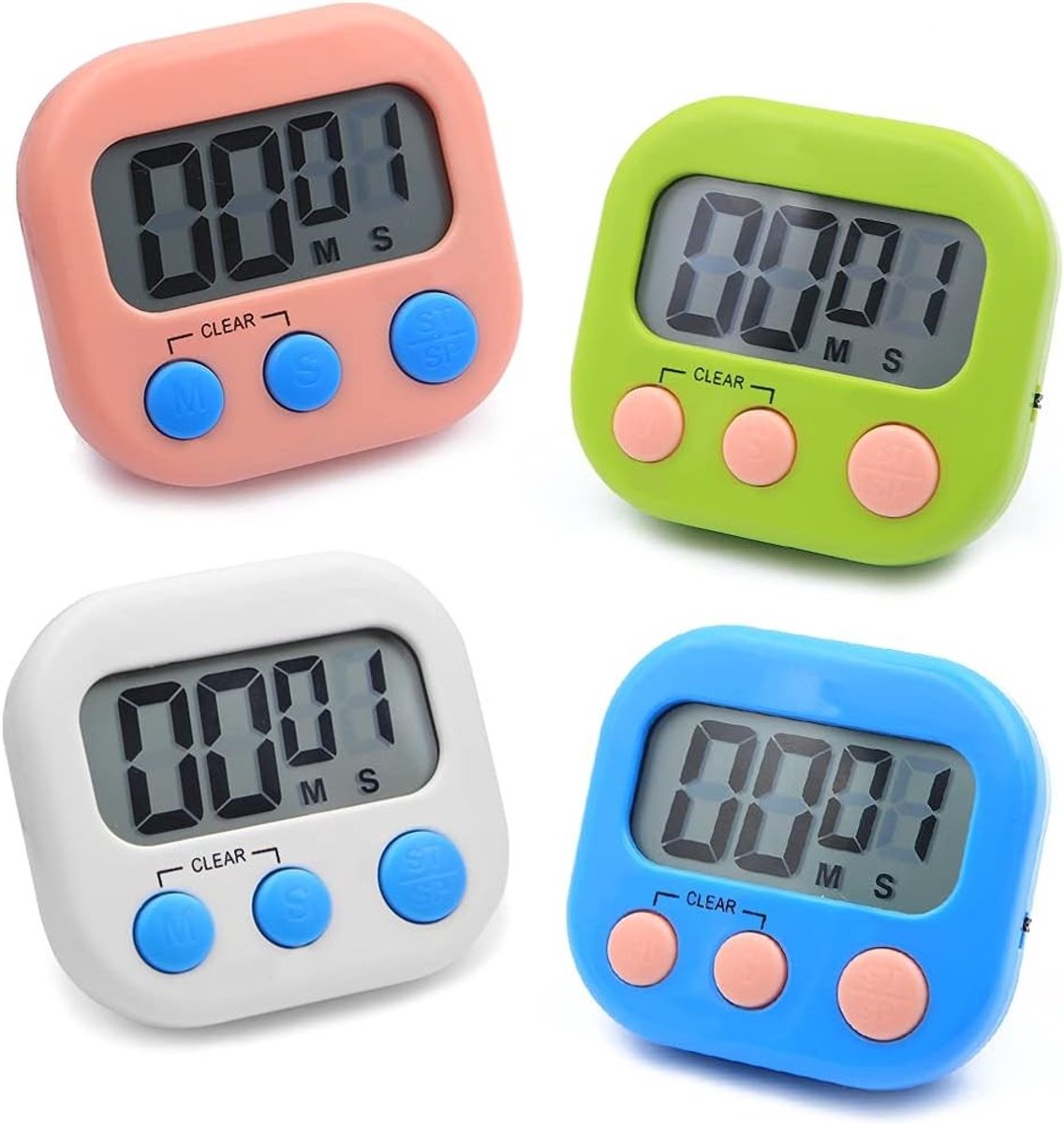 Kooktimer Set van 4 Stuks met Magnetische Bevestiging en Geluidssignaal voor Koken, Eieren Koken en Badkamer Gebruik