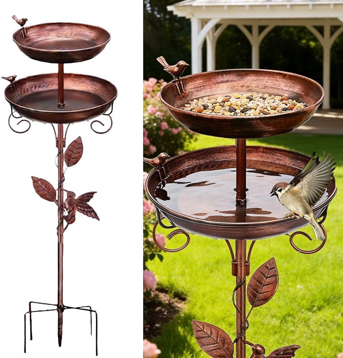 Staande Vogelbad - Vogel Voederbak - Vogels Voeren - 2-in-1 Ontwerp - 117 cm Hoog - Antiek Bruin