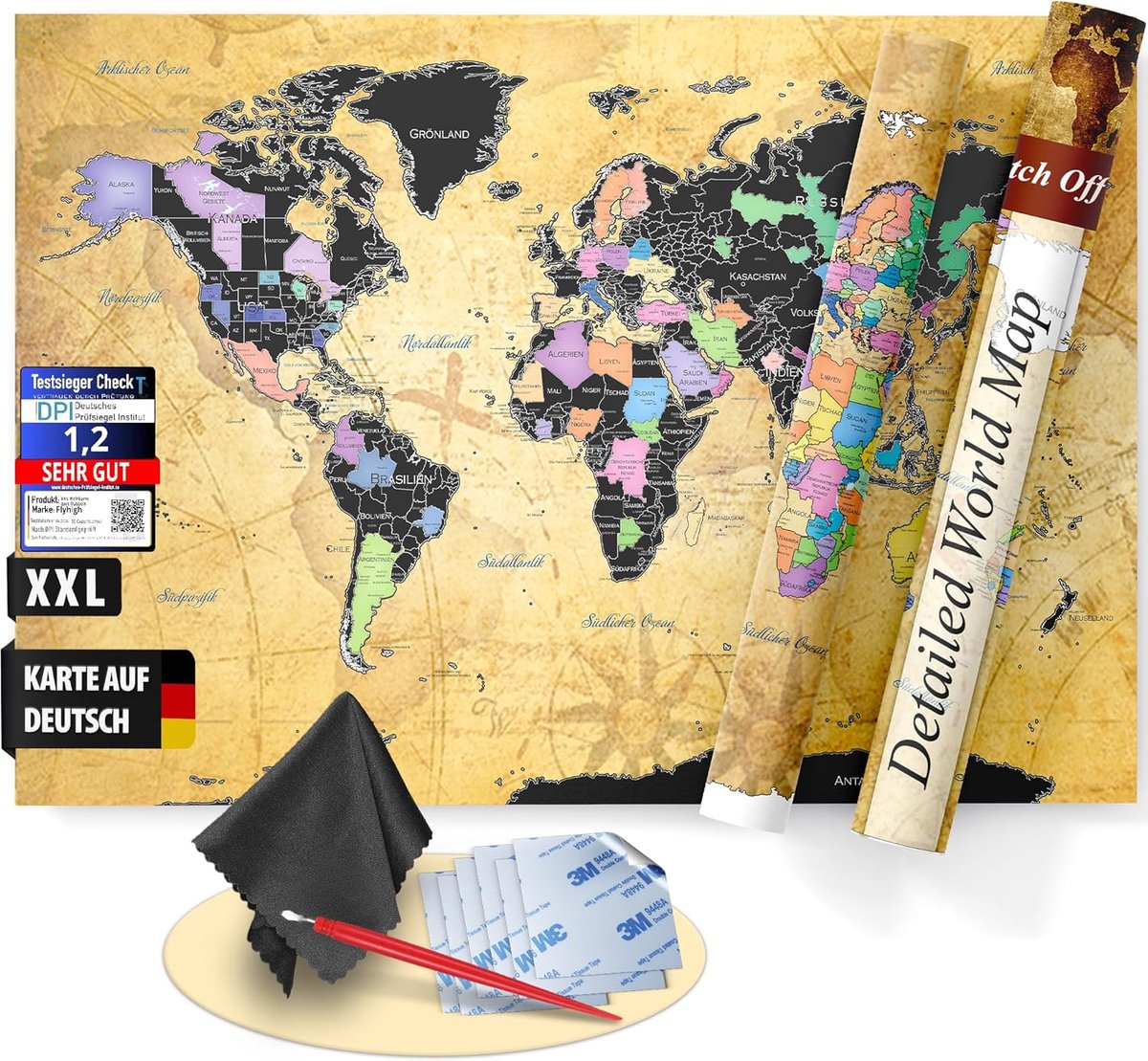 SnelShoppen - FlyHigh XXL Scratch Wereldkaart Poster in het Duits (82x60 cm) met zelfklevende stickers, kraspen en microvezeldoek - Unieke Vintage Loo