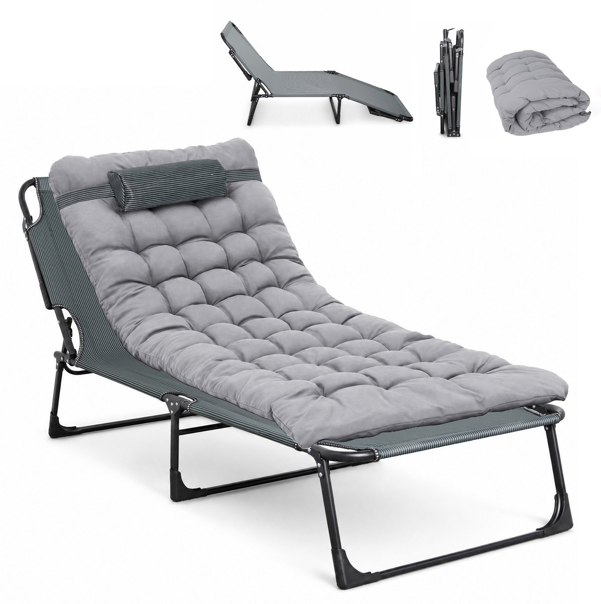 DAITORE - Veldbed - Campingbed - inklapbaar - 190x68x30 - met afneembaar Matras en Kussen - tot 200 kg - Verstelbare Rugleuning 5 Standen - Campingstoel - opvouwbaar logeerbed - voor tuin, camping, thuis en kantoor - Grijs