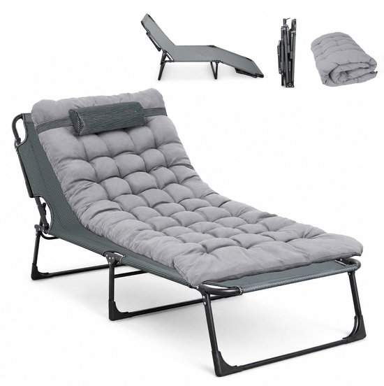Grijs, opvouwbaar veldbed met comfortabele, gewatteerde matras en hoofdsteun.