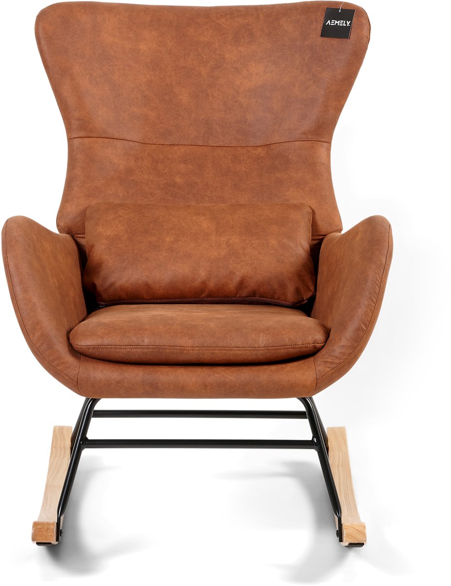 Aemely® Schommelstoel Nord - Cognaq Microvezel & Blank Hout