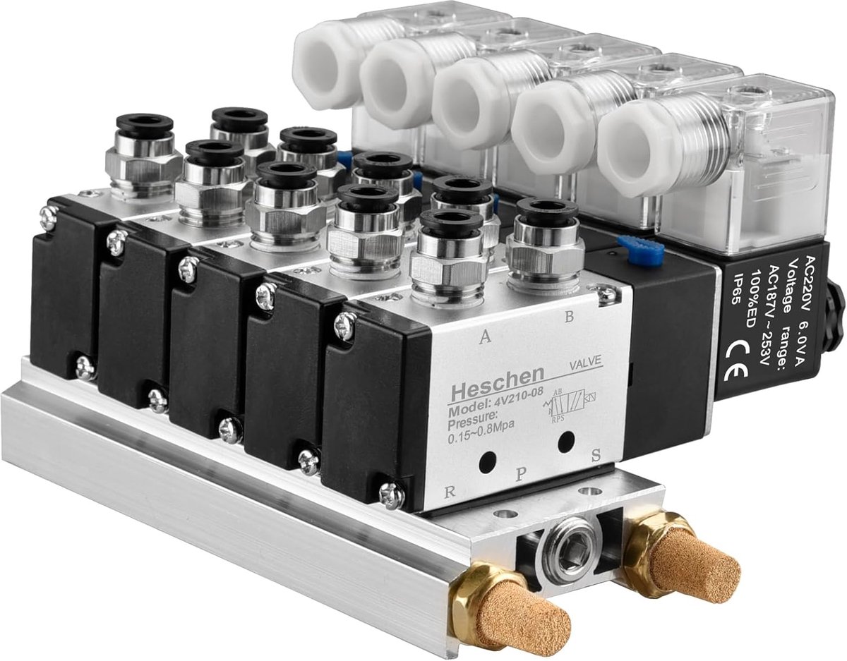 SnelShoppen - Pneumatische Solenoïde Ventiel 5/2 Weg 4V210-08 AC220V PT1/4 met Stilte Basis en Aansluitingen - 6mm/8mm Binnen Diameter