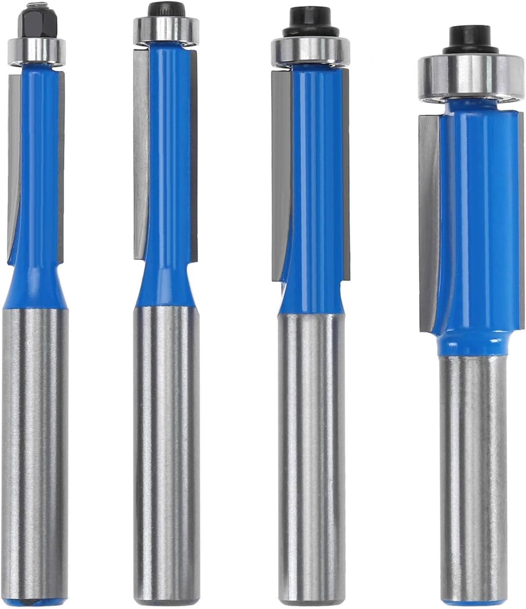 SnelShoppen - 4-delige Flush Trim Freesbit Set met 8mm Schacht voor Houtbewerking, Vermijden van Randen, Trimmen, Sleuven, Ideaal voor Houtprojecten