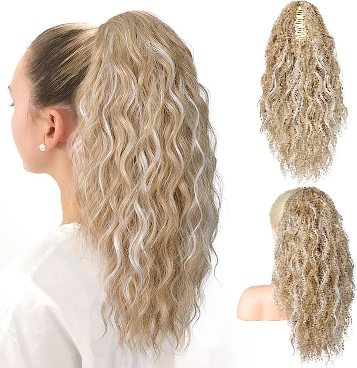 PORSMEER Ponytail Hairpiece Extensions Blonde Strands 18 Inch Long Wavy Curly Clip in Claw Natural Synthetic Hair - ShopVlot