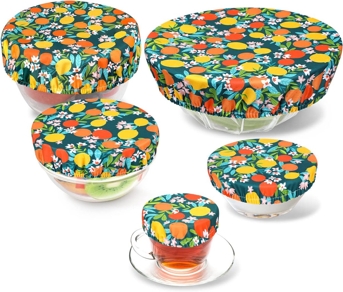 SnelShoppen - Set van 5 Herbruikbare Stoffen Deksel Covers met Elastische Stretchrand, Waterdichte Stof, Geschikt voor Glas Saladeschalen - Fruitpatro