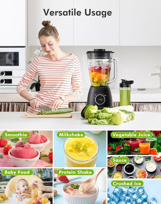 Krachtige Mixer - Smoothie Maker Blender - Gezonde Dranken Maken - Variabele Snelheid 24000 RPM - 1.5L Glas 600ml Fles — afbeelding 3