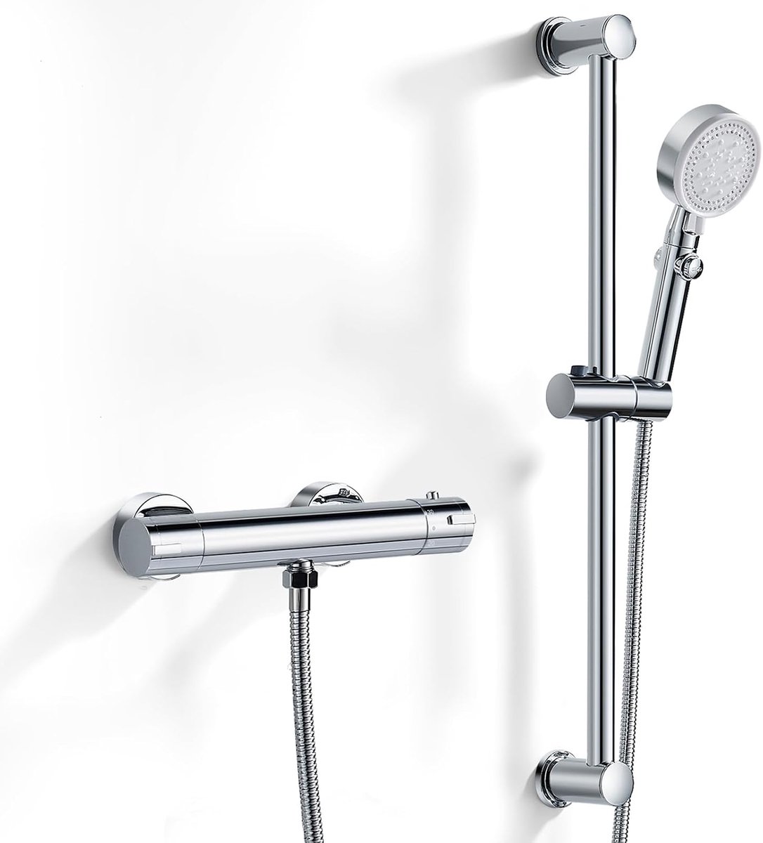 SnelShoppen - Thermostatische Douchemengkraan Set, Wandgemonteerde Douchekraan met RVS Verstelbare Steun, 5 Standen Douchesproeier, 1.5m Slang, 38°C V