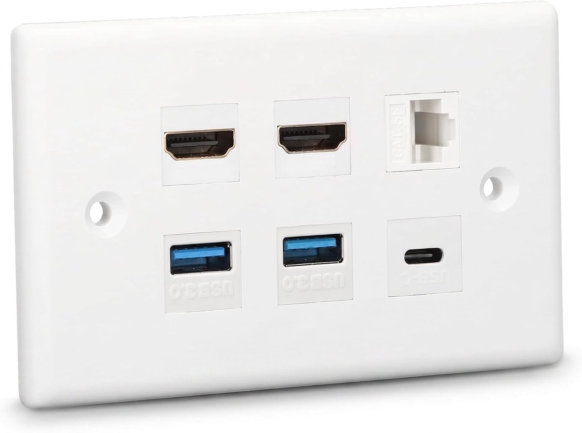 SnelShoppen - 6-poorts Wandplaat met 2 x HDMI, 2 x USB 3.0, 1 x Type C, 1 x RJ45 Cat6 - Kabelbeheer voor TV, Projector en Computer