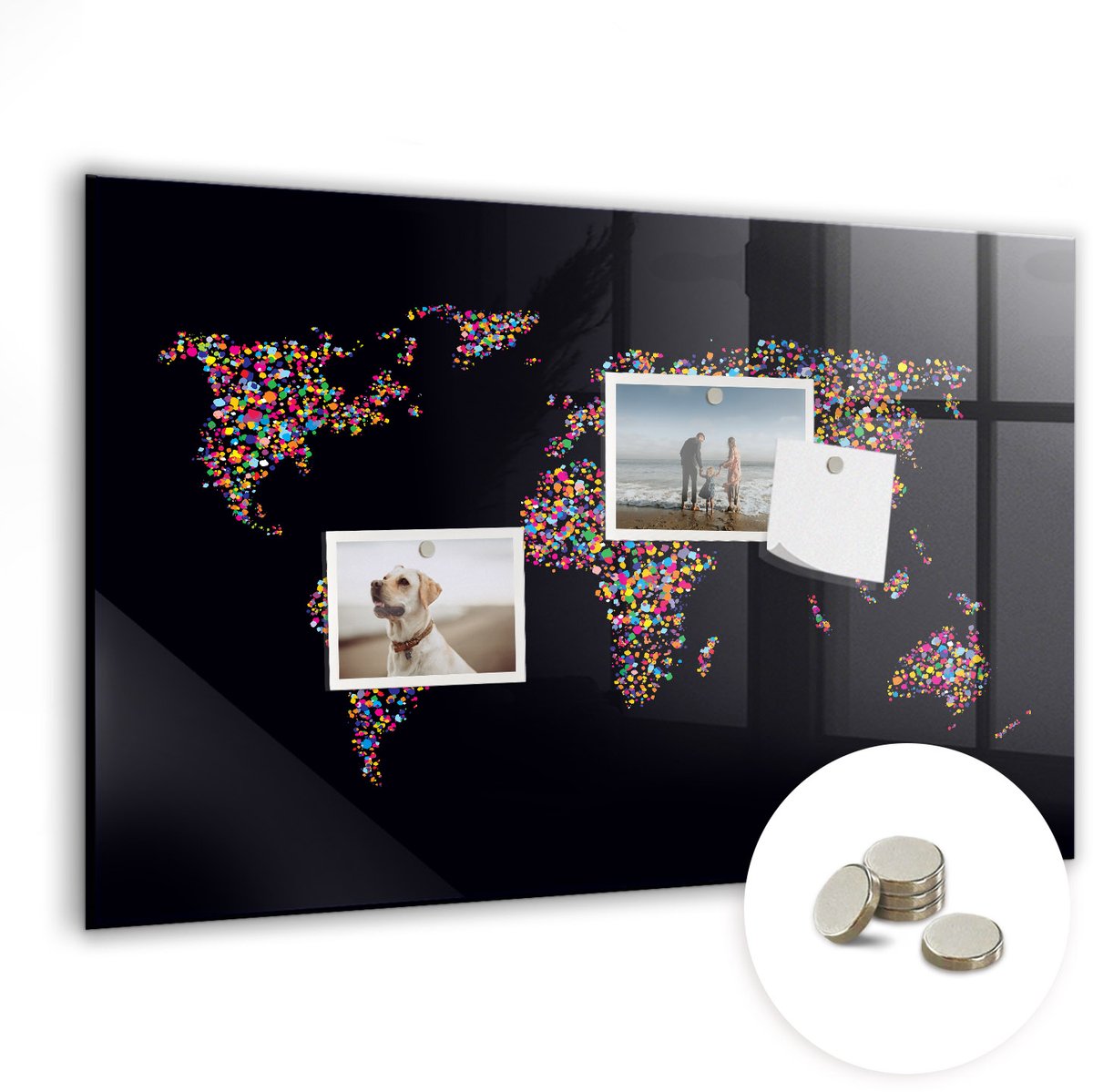 Coloray Glazen Magneetbord - Magnetisch Bord Wereldkaart gemaakt van stippen - 60x40 cm - Veelkleurig Magneetbord - Magnetic Board - Magneetbord Design