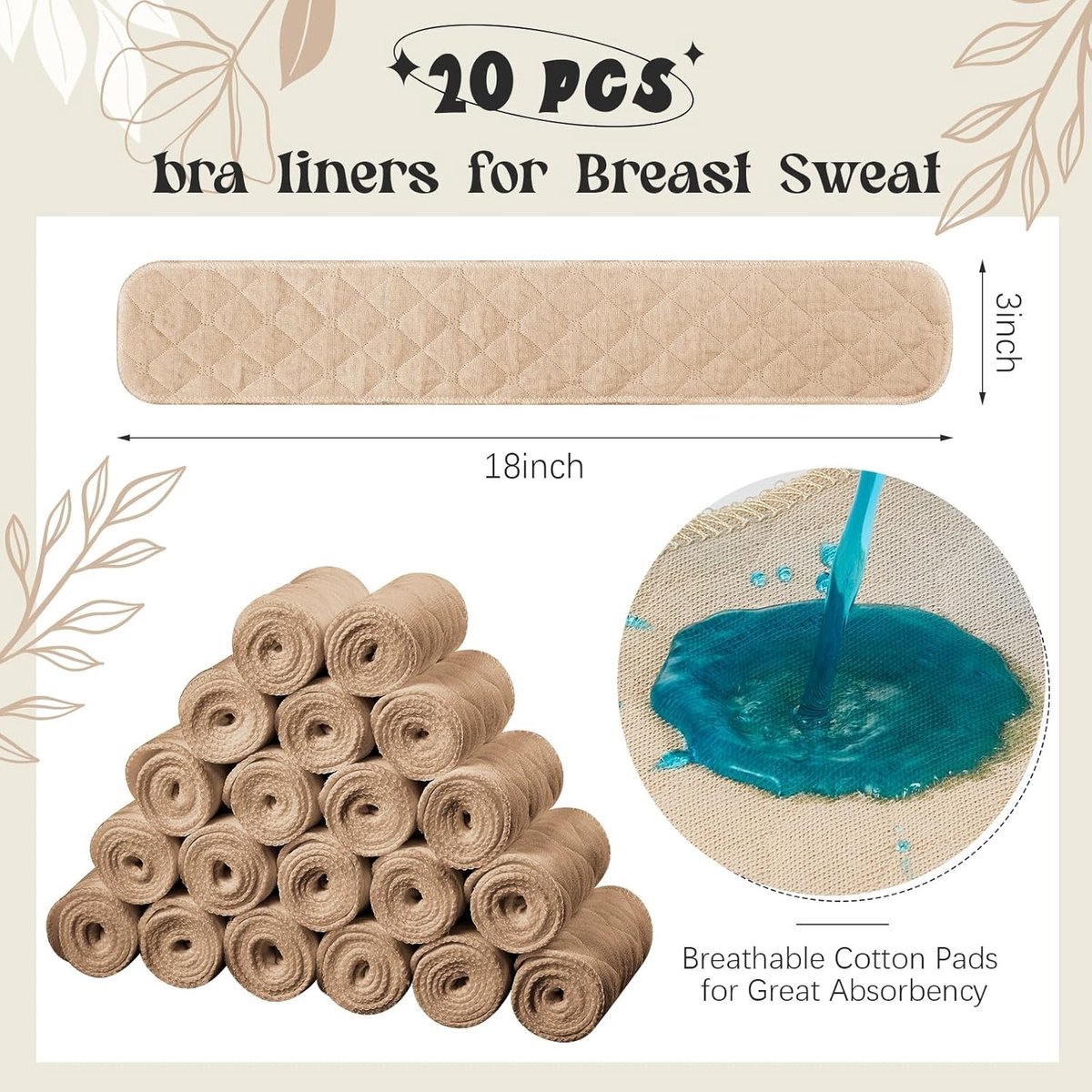 Pack van 20 Dames Zweetbeschermers voor Bh Onderband - Katoen, 3 Laags, 45 x 7 cm, Ademend en Comfortabel
