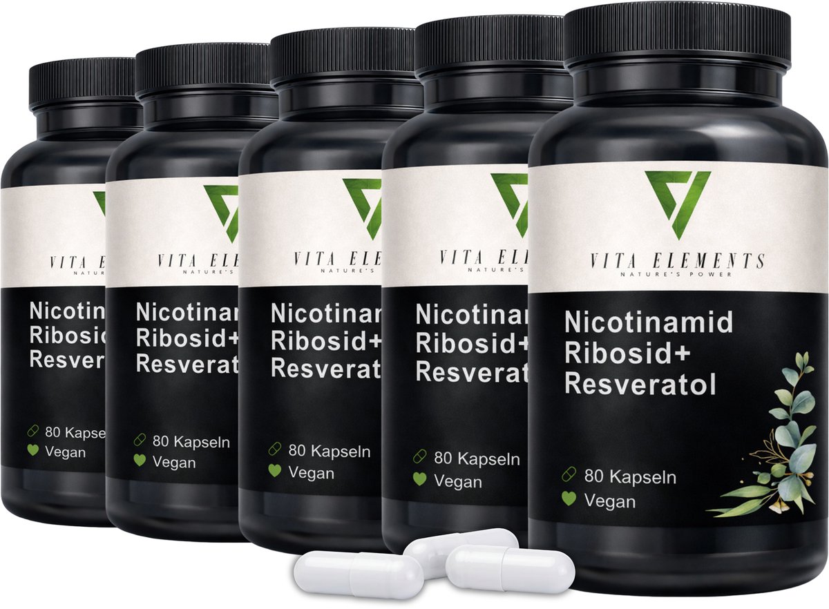 Vita Elements Nicotinamide Riboside NAD+ Capsules met Resveratrol en Quercetine - Veganistisch - GMO-vrij - 80 Capsules - Getest in Duitsland - Set van 5