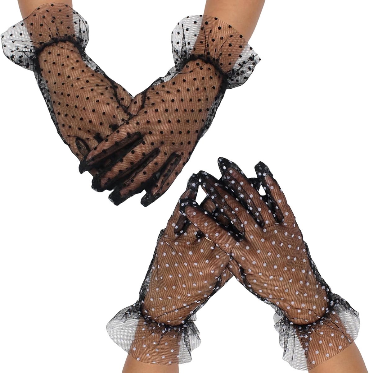 2 Paar Elegante Kant- en Tule Handschoenen - Kort en Doorzichtig - Geschikt voor Bruiloft - Halloween en Theepartijen - Dames