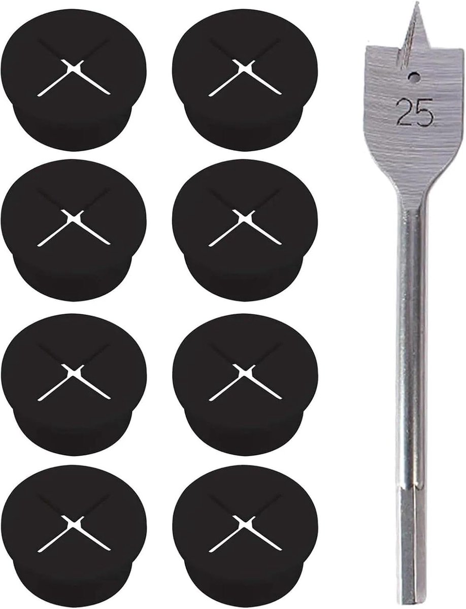 SnelShoppen - Flexible Silicone Kabeldoorvoer Set van 8 Rubber Desk Hole Covers voor Kabels Ø20mm Zwart, Inclusief 25mm Boor voor Kantoor en Thuisgebr