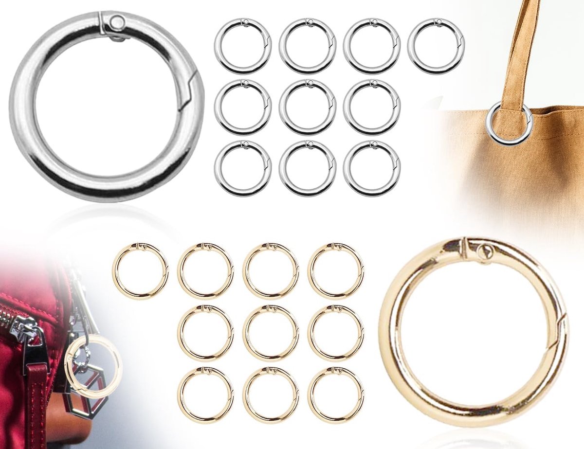 SnelShoppen - 20 Stuks Ronde Karabijnhaken, Goud en Zilver Legering O-Ring, Ronde Sleutelhanger Sleutelring (Buitendiameter 20mm) voor Camping, Feest,