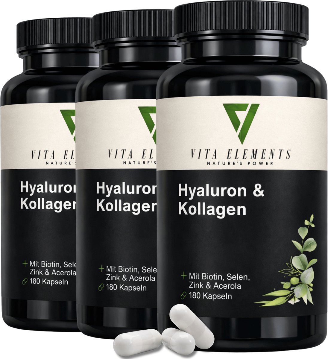 Vita Elements Hyaluronzuur & Collageen Complex Capsules - Voedingssupplement voor Huid, Haar en Gewrichten - Anti-Aging - Veganistisch - 180 Capsules - Set van 3