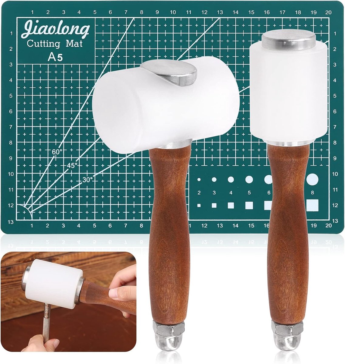 SnelShoppen - 3Pcs Lederen Beitelhamer Set met A5 Snijmat, T-Hamer & Verticale Hamer Nylon Lederen Hamer met Houten Handvat voor Doe-Het-Zelf Lederen