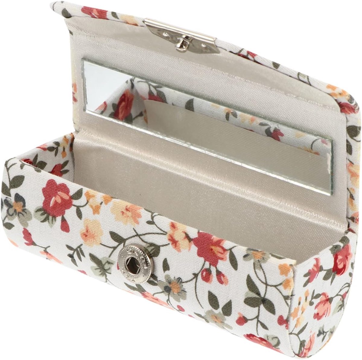 SnelShoppen - Bloemige Lippenstiftdoos Portemonnee - Retro Lippenstift Etui met Spiegeltje - Leren Make-up Tas voor Vrouwen - Wit Mini Cosmetica Tasje