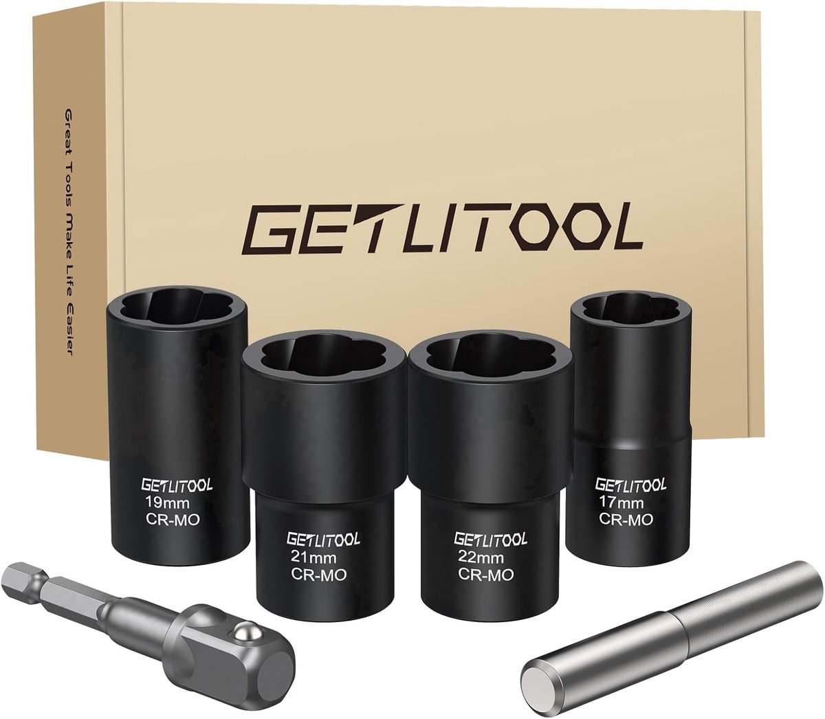 SnelShoppen - Moerverwijderaar Set 4dlg 1/2" Boutverwijderaar voor Beschadigde Moeren en Schroeven met Boorstaaf en Drukstang, Doppenset 17-22mm voor