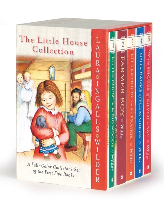 De 'Little House Collection' bevat de eerste vijf boeken van Laura Ingalls Wilder, met illustraties van een meisje met een pop en haar familie.