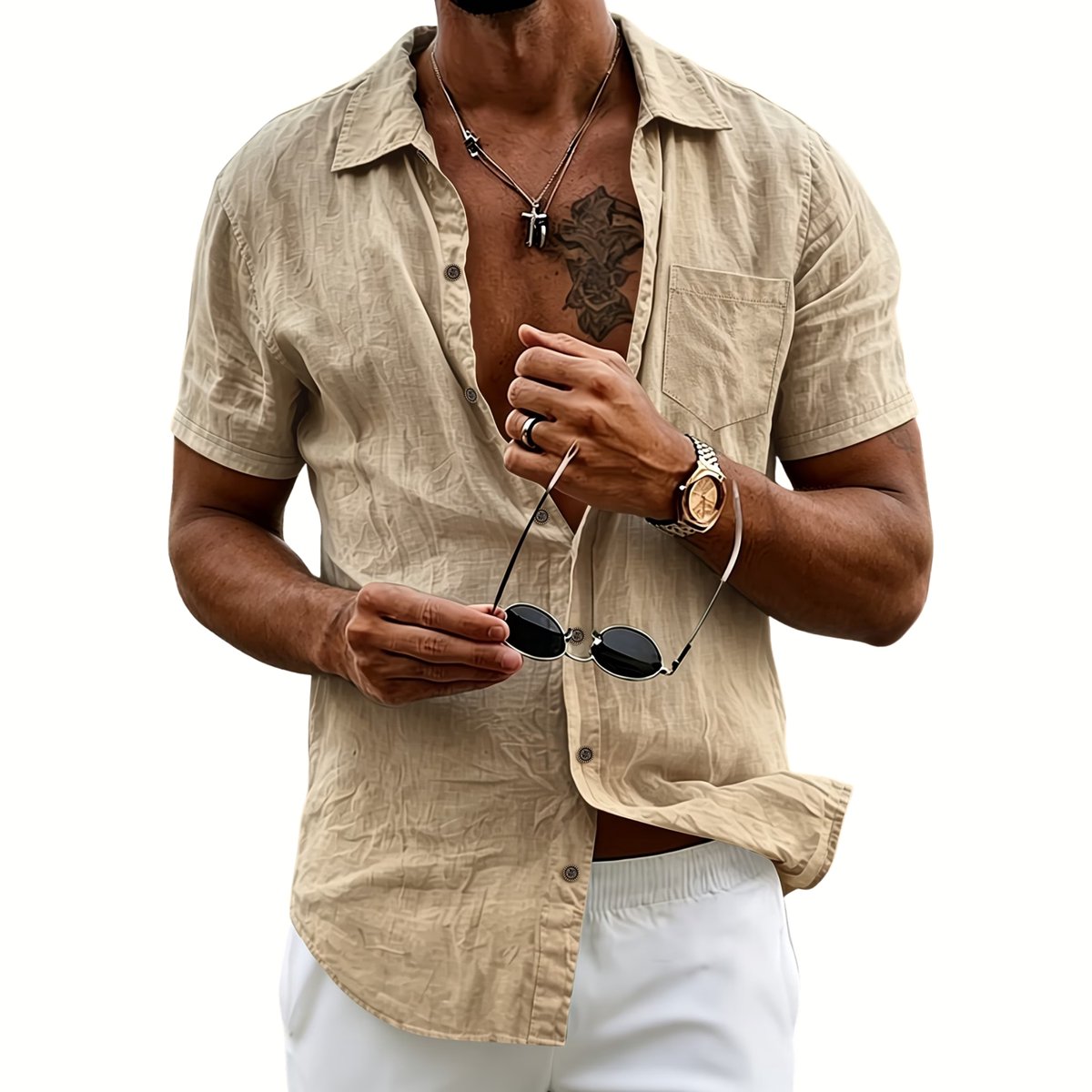 Currero Linnen Blouse Heren T Shirt Polo Overhemd Shirt Zomer Ibiza Stijl Creme