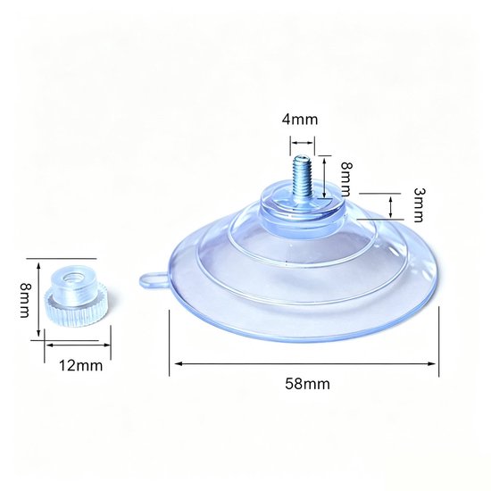 Gedetailleerde afmetingen van een transparante zuignap met schroefdraad. De afmetingen zijn in millimeters.