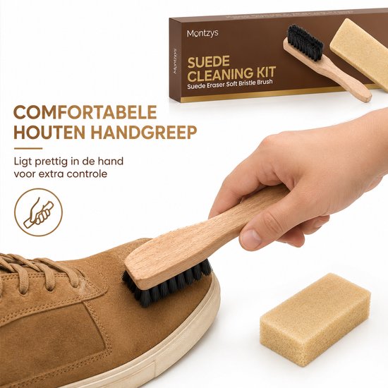 Gedetailleerde close-up van een bruine sneaker die wordt schoongemaakt met een suède borstel met houten handvat.