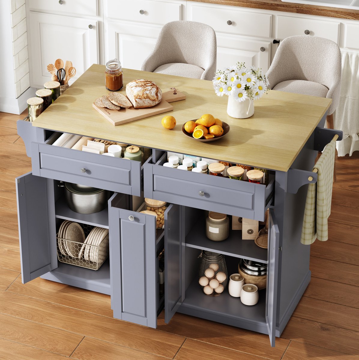Wishdor - Keukenkast - Mobiel keukeneiland met klapbaar werkblad - 2 grote lades en verticale lades - modern - voor keuken en eethoek - houtlook - naturel/grijs - 121 x 49(69) x 89 cm