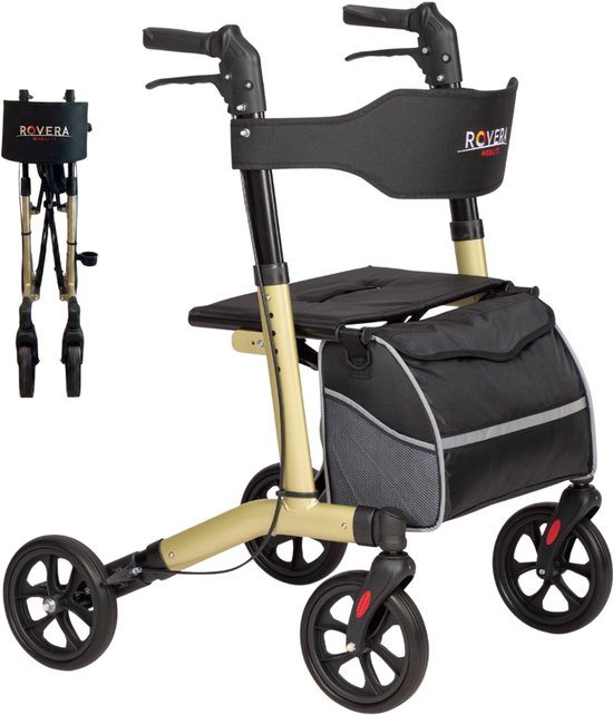 Champagnekleurige Rovera rollator met zwarte zitting, rugsteun en tas. De kleine rollator links is ingeklapt.