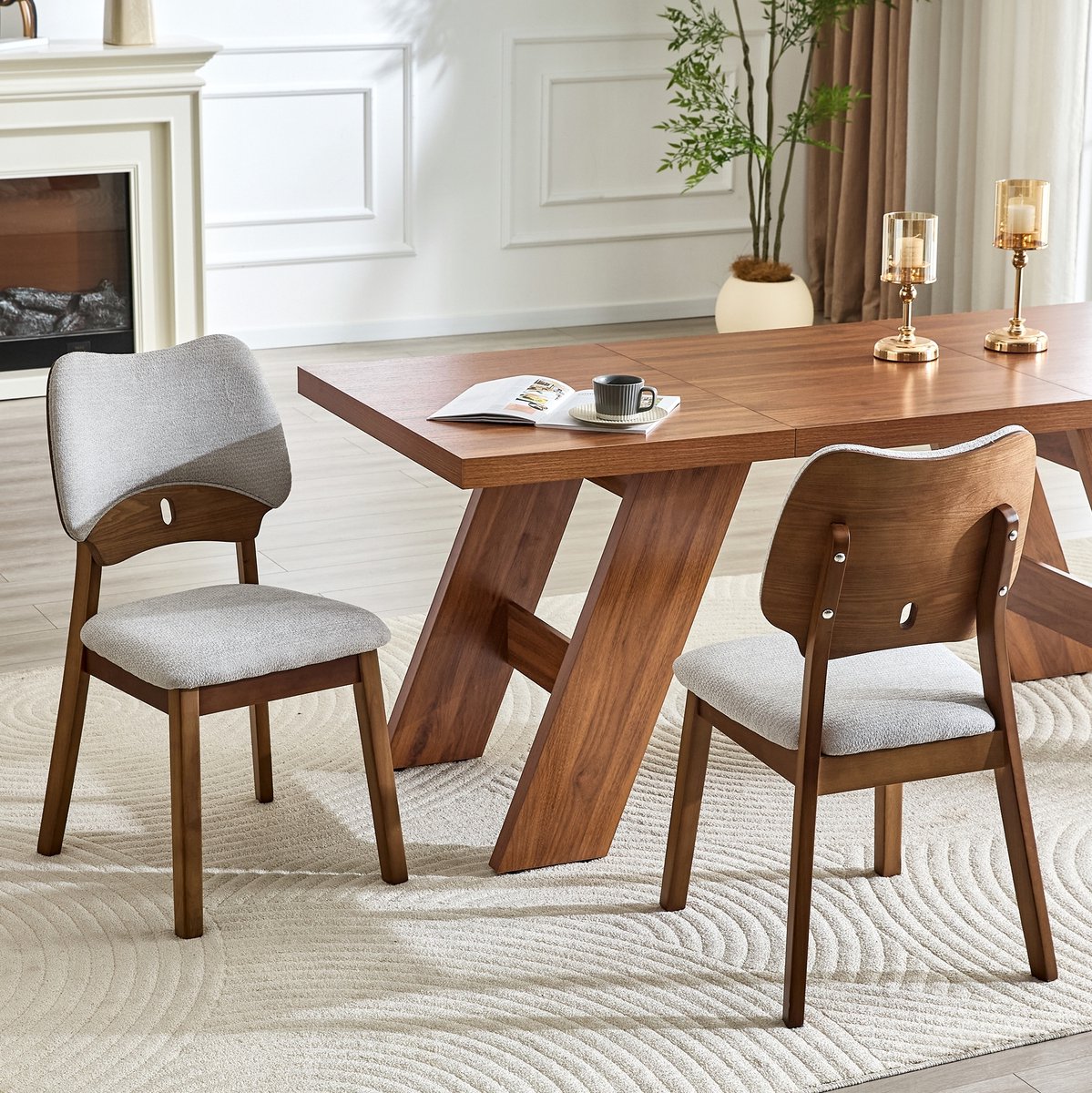 OKWISH Eetkamerstoel – Vlindervormige Houten Rugleuning – Set Van 2 – Hout En Stof – Modern – Grijs En Bruin – Voor Eetkamer, Keuken Of Woonkamer