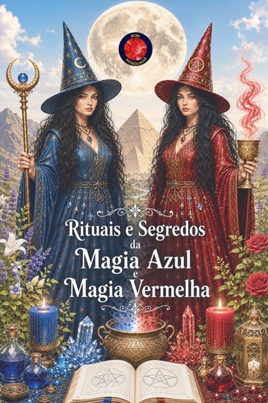 Deux femmes en robes magiques, bleue et rouge, se tiennent devant une pyramide et la lune. Texte : Rituais e Segredos da Magia Azul e Magia Vermelha.