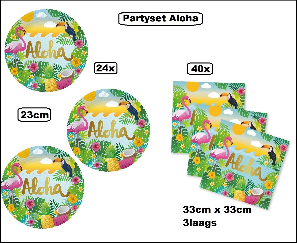 Partyset Aloha diner tropical - 24x Bord Aloha 23cm + 40x Servetten Hawai aloha 33cm x 33cm