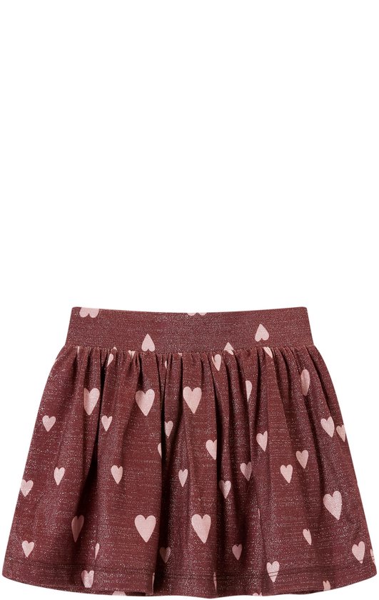 Bordeauxrode rok met roze hartjesprint en glitterdraad.