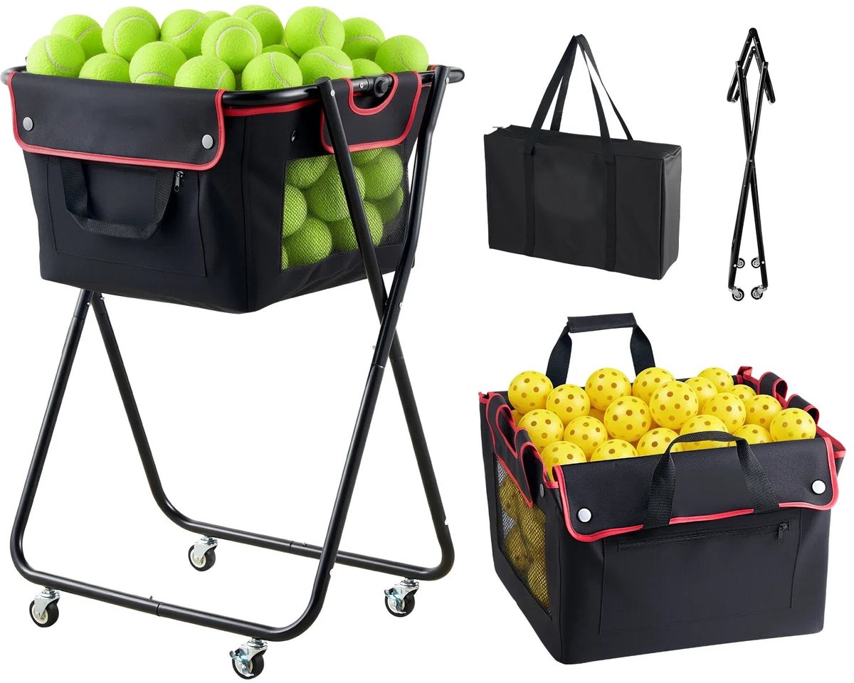 Home & Beyond® Opvouwbare Ballenwagen voor Pickleball en Tennis - Ballenmand op Wielen met Afneembare Draagtas - Zwart en Rood - 64 x 54 x 89 cm