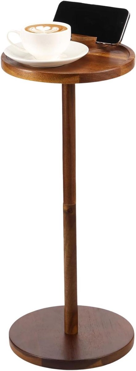 Houten bijzettafel - Mini tafel Rond tafeltje - Drankjes serveren - Met telefoonhouder - 56 cm hoog - Bruin