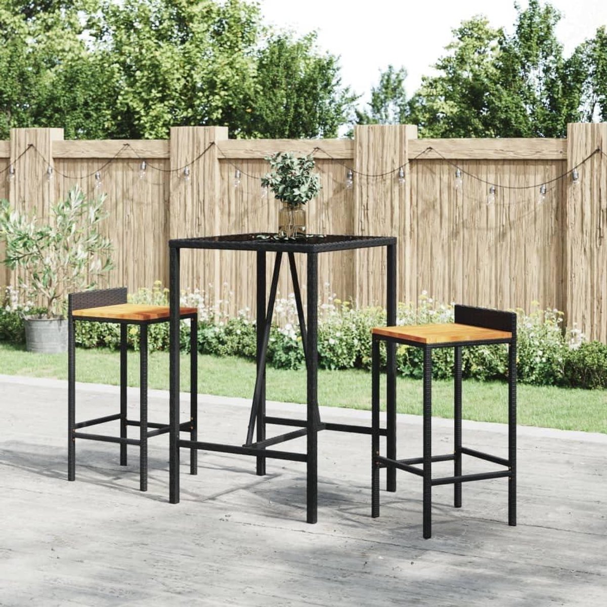 Bartafel met glasplaat - Balkontafel Terrastafel - Buiten dineren - Weerbestendig polyrotan - 70 x 70 x 110 cm - Zwart