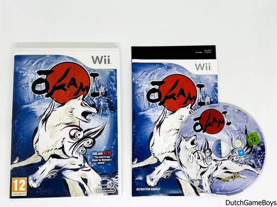 Boîte du jeu Okami Wii, manuel et disque avec un loup blanc et un soleil rouge.