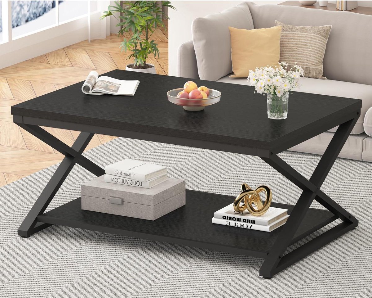 Koffietafel met Opbergruimte - Salontafel Center Tafel - Woonkamer Organisatie - Industriële Constructie - 100 cm - Zwart