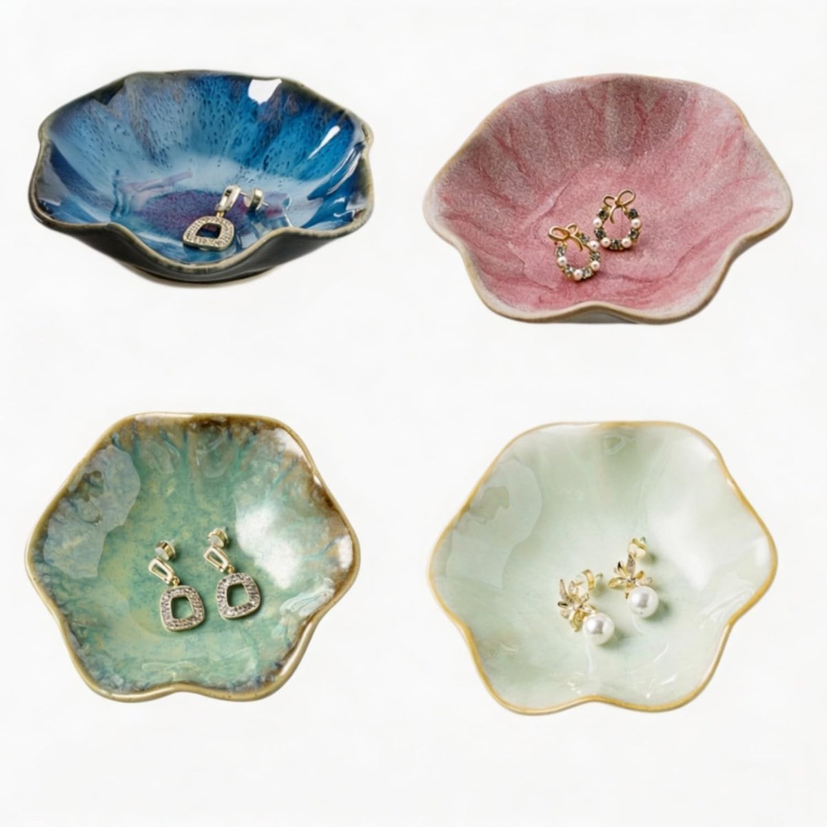 Set van 4 keramische sieradenschaal voor decoratie, sieradenopslag en geschenken voor vrouwen en meisjes (lichtgroen, donkergroen, roze, donkerblauw)