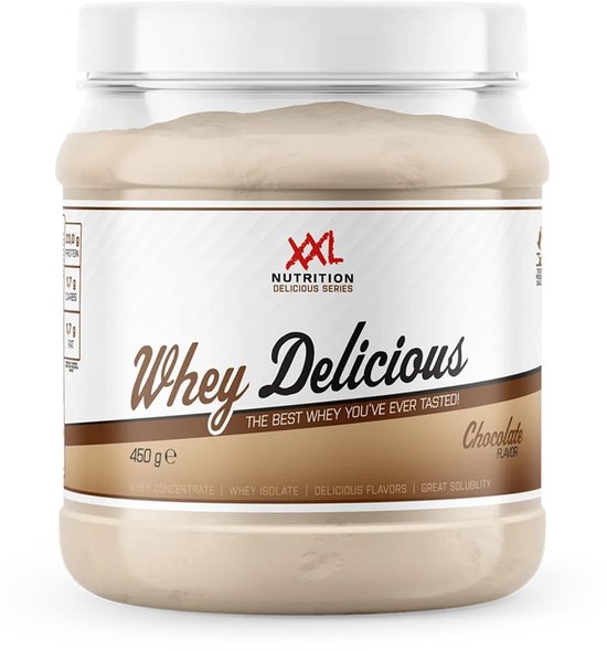 XXL Nutrition Whey Delicious chocoladesmaak eiwitpoeder in pot, 450g.