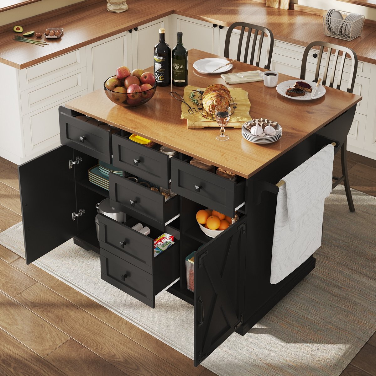 COVREO Keukenkast 147 x 70 x 93 cm - uitklapbare keukenwagen van MDF en metaal, zwart
